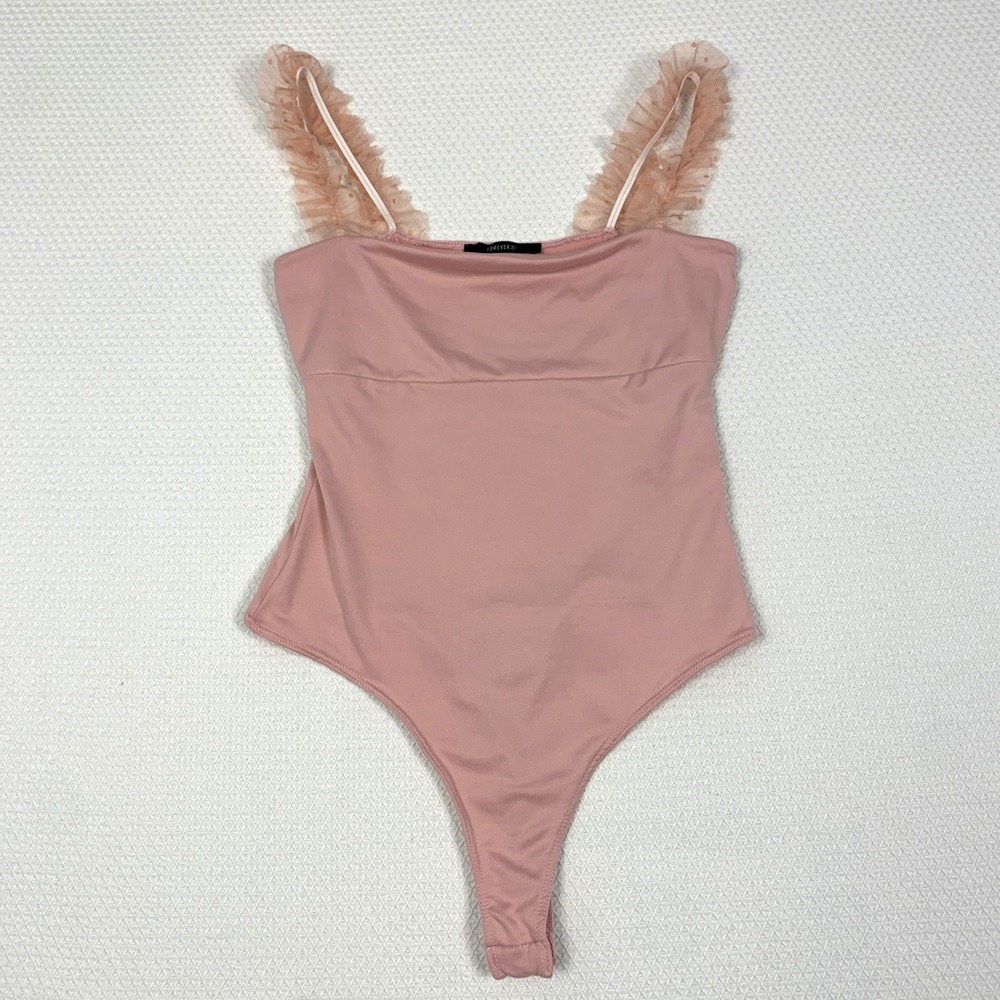 Forever 21 Tulle Ruffle Thong Bodysuit M Pink Coquette Balletcore Stretch